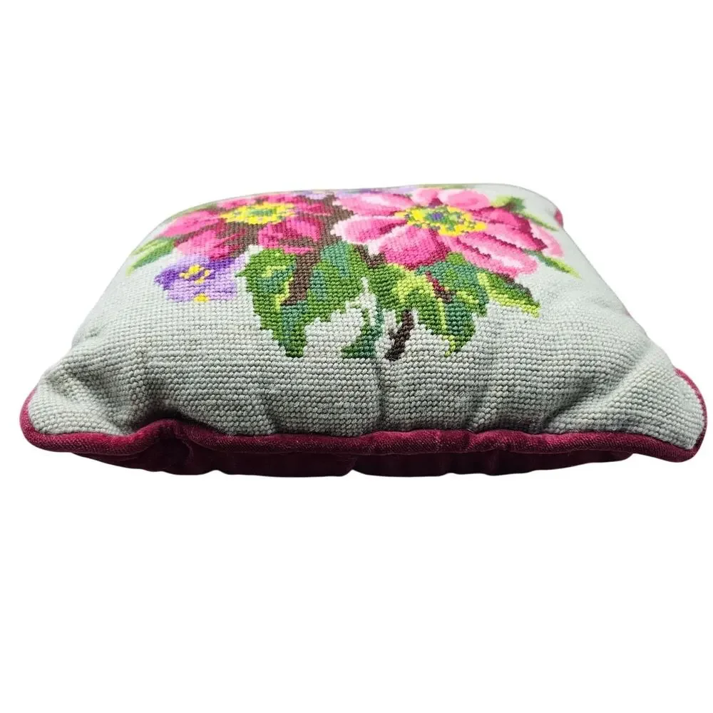 Vintage Floral Needlepoint Throw Pillow Velvet Back 11x11 Boho Cottagecore Pink
